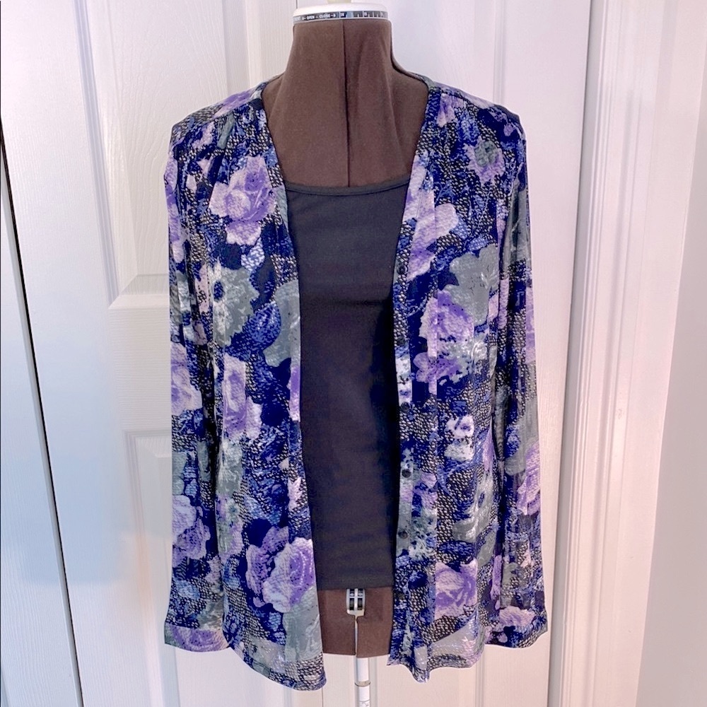 2 for $25 - 2 Piece Set Cleo & Jessica Purple Floral Sheer Blouse Black Tank, XL